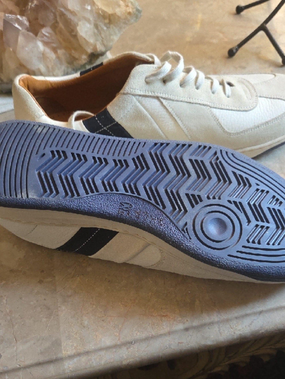 Coach Men’s Cream Suede & Leather Sneakers with Navy Stripe - Picture 3 of 8